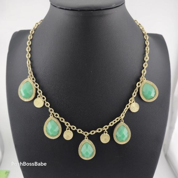Gold & Green Stone Teardrop Charm Necklace - 16.5"-19.5" - Picture 1 of 8